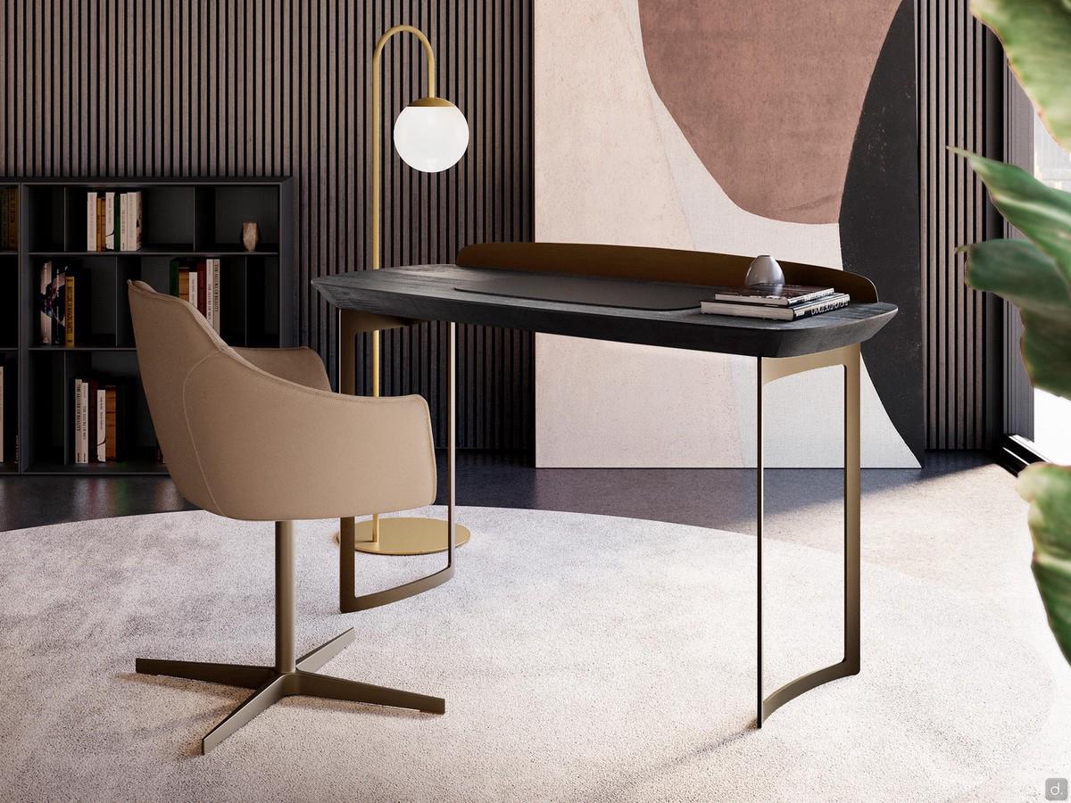 Bristol is a modern minimalist-style desk with a flared wooden top and curved frame legs in painted metal