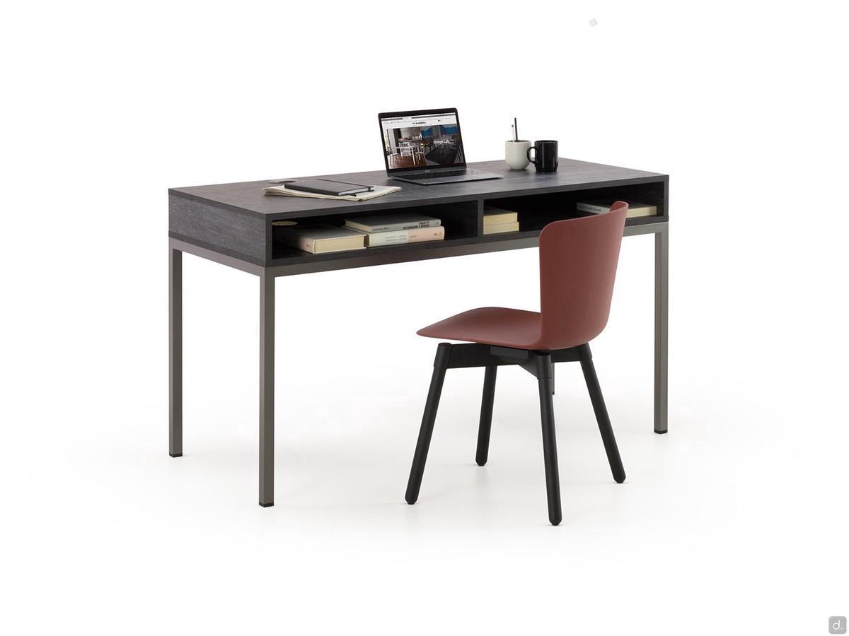 Modern desk with metal frame Egeo, with open storage units placed under the top