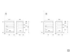 Wide Desk - Technical diagrams for desk and drawer unit fixed to the wall (diagram 'A') or to the back (diagram 'B')