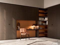 Modern Wide under-desk, an elegant home office built with an open corner, bridge and Focus Wide cupboard, fashion wood charcoal doors and shelves and coccio matt lacquered backs