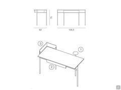 Dimensional diagram and detail of available accessories: 1. tray; 2. under-top drawer; 3. textile splashback