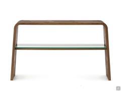 Grover slatted console table with bridge-like structure and glass shelf