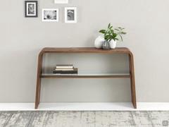 Grover console table with bridge-like structure and glass shelf