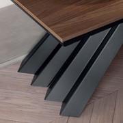 Detail of the metal lacquered base and of the melamine table with wood effect