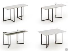 Fold console table: opening sequence. Rotate the legs and then lift the opper half part of the top like a book.