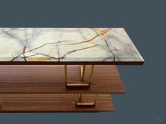 Lana console table in Canaletto walnut, Satin Brass metal and Blue Island marble