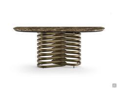 Front view of the console table Vortex with bronze-painted metal ring base and Emperador marble top