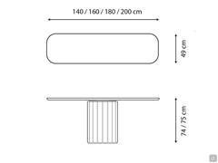 Dimensional scheme of modern console table with central base Dorian by Bonaldo