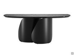 Frontal view of the Torquay console table with a wrap-around metal base painted black, and a top made from glossy black hammered glass