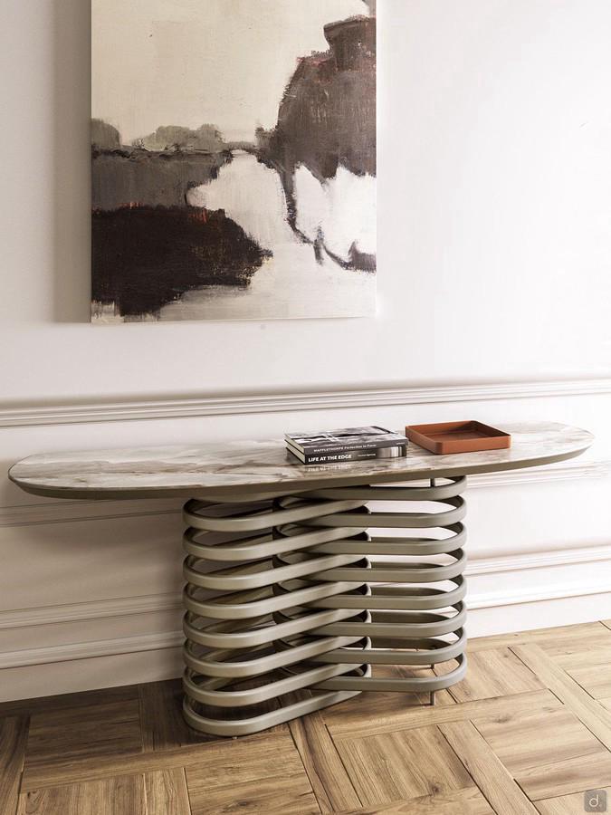 Vortex is a console table with titanium-painted metal ring base and glossy Onyx ceramic top