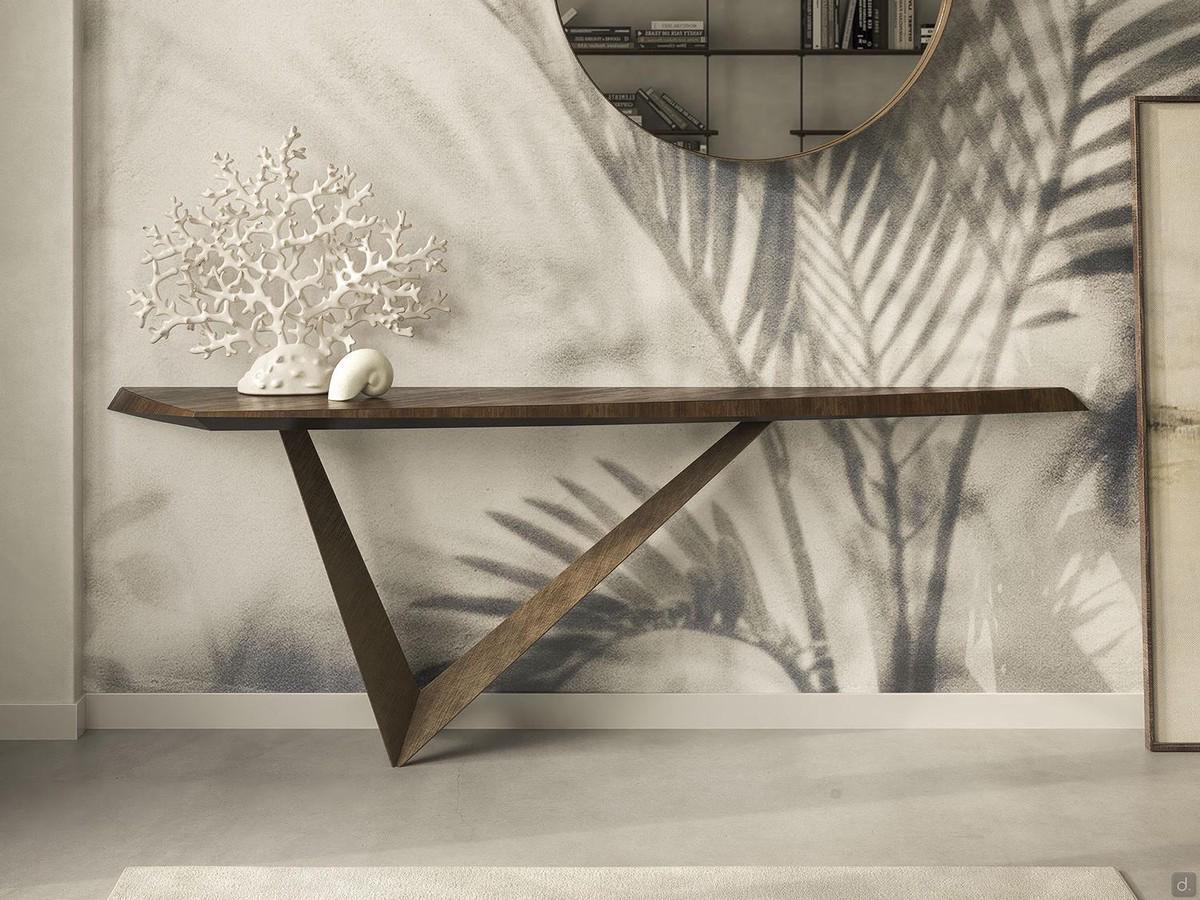 Varenne by Cattelan, a design console table made from wood and steel with an irregular triangular top