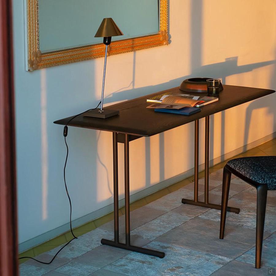 Graphic minimalist wood and metal console table