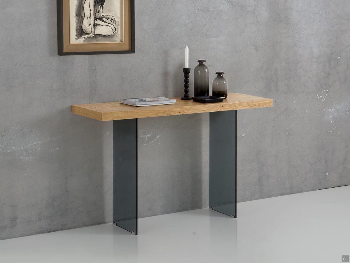 Nouvelle console table with wooden top and glass legs