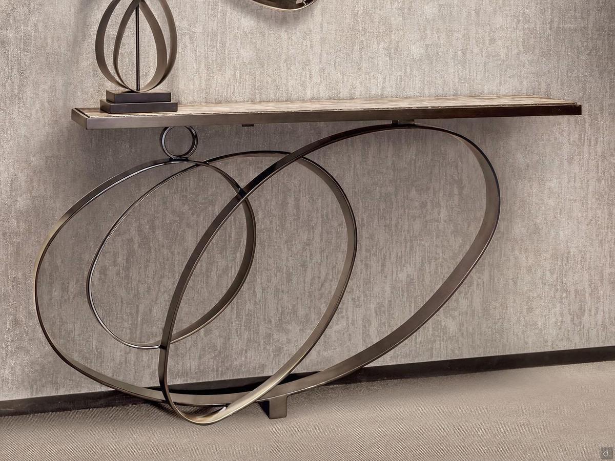 Console table with curved iron frame Rodin by Cantori, top available in multiple materials including marble, ceramic and decorated wood