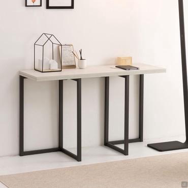 Fold folding and extending console table with textured top and modern geometric painted metal legs