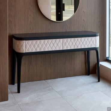 Tiffany leather console table with dark oak-stained ash top and legs