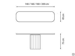 Measurement diagram of the modern console table with central base of the Dorian by Bonaldo