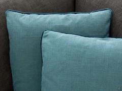 Cushions covered in Nathan Natural fabric and piping in Elina Velvet fabric