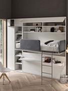 Bookcase All-in for convertible bed configured with two juxtaposed elements: an open bookcase and a closet with full-height doors. Both have the optional hinged door top, available as an option in the configurator