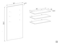 Bookcase All-in for convertible bed - Schematics and dimensions of the boiserie panel with three shelves, to go alongside a three-seater Holdem sofa or with peninsula