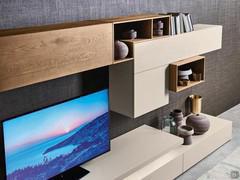 Fly wall cabinets in wood and lacquer, alternated by the living area with greater depth and Cube wall units