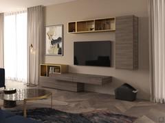 Fly wall unit combined with the eponymous open element and TV stand to create a coordinated wall unit in the living room