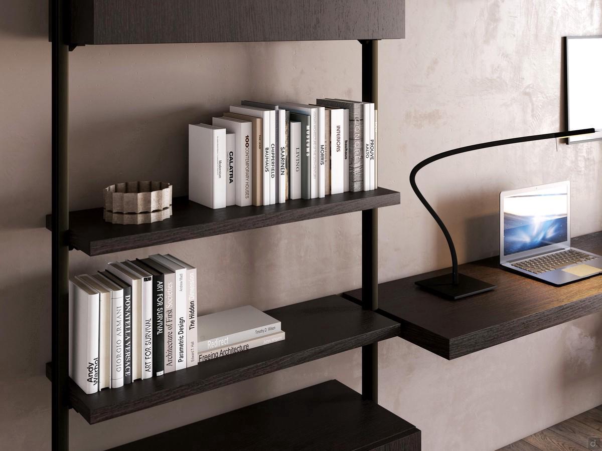 Plan custom-made shelf in Terra fashion oak wood veneer finish, matched with Byron bookcase uprights in bronze painted metal