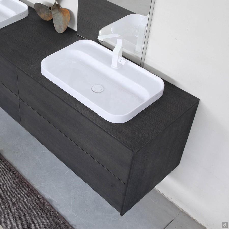 Countertop and additional side for a bathroom composition, in the 835 Caviar Oak wood-veneer finish