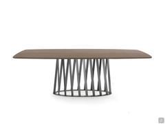 Table with perforated metal base Globo with wooden veneer barrel top