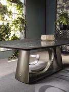 Fixed table with curved metal base Rodin by Cantori in the version with wooden top in Perla Nero finish, with patinated bronze edge