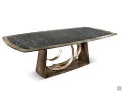 Fixed table with curved metal base Rodin by Cantori with wooden top and steel edge