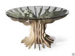 Round table with contoured base Birch, extra-clear glass top and sculptural base made of solid birch wood