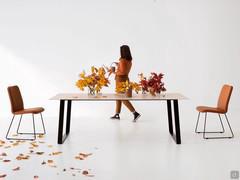 Gladio modern table with metal trestle legs and ceramic top