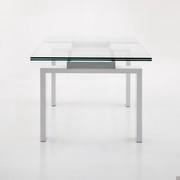 Brooklyn glass extending table with bridge legs - model with white lacquered structure, anodized aluminium rail and clear glass top - shorter side view