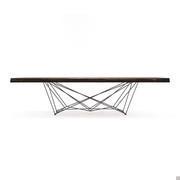 Gordon table by Cattelan, frontal view with metal base and wooden top with irregular solid wood edges (8 cm thick)