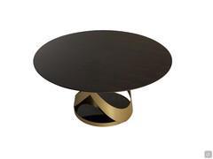 Capri table in the elliptical model with top in heat-treated dark oak, structure in gold lacquered metal and base in black Marquinia marble.