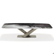 Stratos table with metal crossed legs and CrystalArt glass top