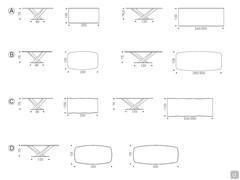 Models and dimensions of Cattelan's Stratos table with wooden top - A) 45° angled edges B) bevelled edges C) irregular edges D) Masterwood with angled edges