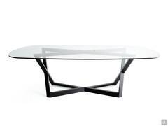 Jones fixed dining table in its version with glass top and structure in solid wood