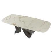 Wave shaped rectangular table with Macchiavecchia matt porcelain stoneware top and brushed titanium Baydur base