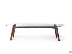 Adelchi table, version with wooden legs and glass top