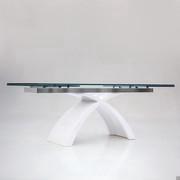 Tokyo table with arched base with clear glass top, polished aluminium rail and glossy white lacquered marble resin base