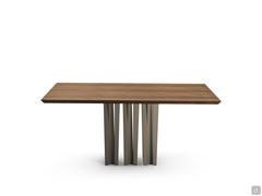 Front view of the fixed Echo table with central base. Rectangular table top in Canaletto Walnut wood veneer. Central base in Titanium-finish painted metal.