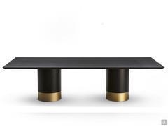 Hidalgo rectangular dining table with double base in black painted metal with lower ring in gold