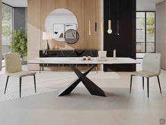 Trevor shaped table in the fixed version, with the iconic criss-crossed metal base.