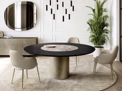 Hidalgo table with wooden top and central ceramic insert. The wooden part of the top is divided into three parts by a thin metal insert