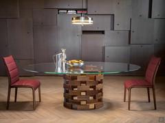 Glass table top with solid-wood base in Canaletto walnut