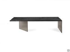 Florian table with black solid wood top and smoked glass legs