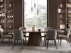 Round table with conical wooden base Brixton with set of Elise chairs around