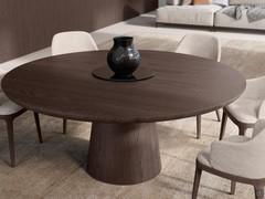 Round table with conical base in Brixton wood, with base matching the stained oak veneer top